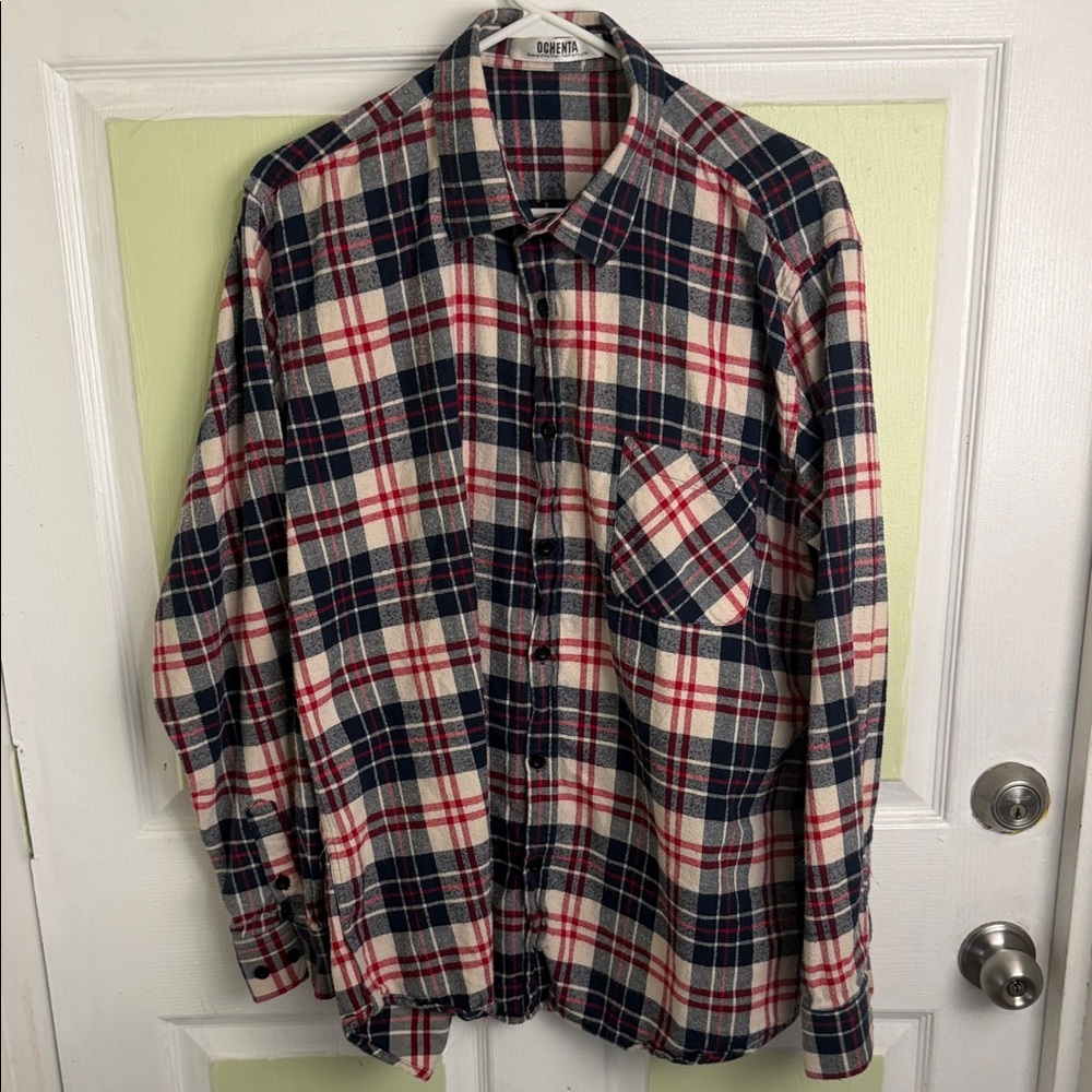 (1890) Oberon Men's Plaid Button-Down Shirt - Navy, Red, and Cream